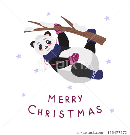 Merry Christmas, a postcard with a panda bear on a tree and an inscription. In warm winter clothes, mittens, scarf, felt boots. Vector illustration for design and decor, banner Merry Christmas, a postcard with a panda bear on a tree and an inscription. In warm winter clothes, mittens, scarf, felt boots. Vector illustration for design and decor, banner 126477372