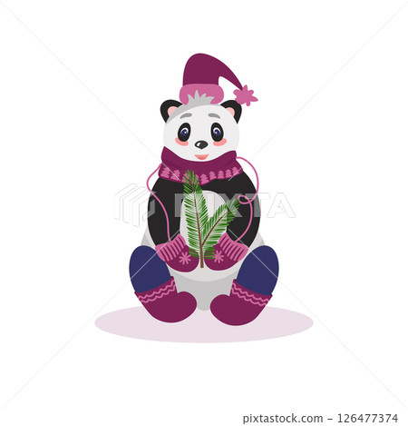 Christmas card with panda bear with fir branches. In warm winter clothes, hat, scarf and felt boots. Vector illustration for design and decor, banner Christmas card with panda bear with fir branches. In warm winter clothes, hat, scarf and felt boots. Vector illustration for design and decor, banner 126477374