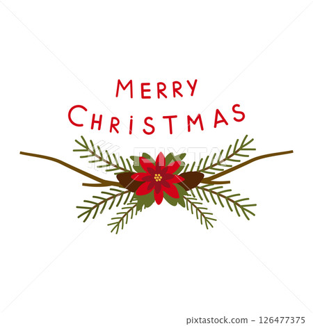 Merry Christmas text and decoration made of fir branches and poinsettias. Vector illustration isolated on a white background. For the design of a postcard or decorative. 126477375