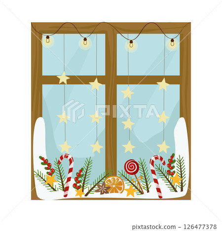 Decorated with beautiful Christmas window. Wood frame, garland, balls and stars, candy canes and fir branches on the windowsill. Vector illustration. 126477378