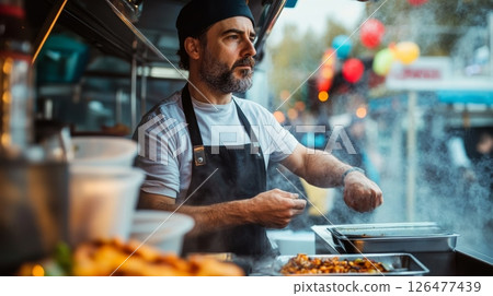Bearded chef in black apron cooking in a food truck, with colorful balloons and city street visible through the window, depicting urban gastronomy 126477439