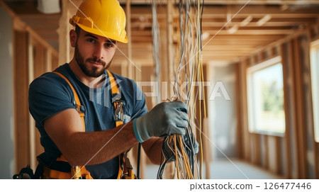 Skilled electrician in safety gear carefully installing electrical wires in a wooden frame of a house under construction, demonstrating precision and expertise in the trade 126477446