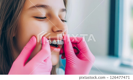 A teenage patient with braces undergoing an orthodontic procedure, with the dentist's hands in pink gloves visible, highlighting the precision of modern dental care 126477471
