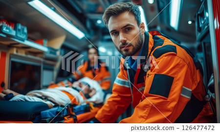 Male paramedic in orange uniform intently focused inside an ambulance, with medical equipment visible in the background, portraying dedication in emergency healthcare 126477472