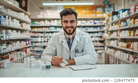 A cheerful young male pharmacist in a white coat holds a medication package while standing at the counter in a well stocked pharmacy 126477473