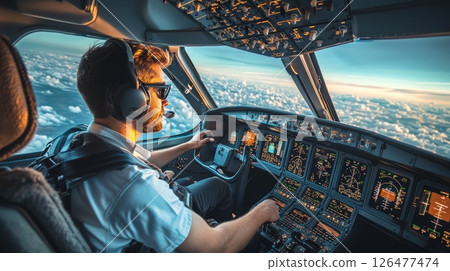 Bearded pilot wearing sunglasses and headset, operating controls in modern airplane cockpit with view of clouds through windshield 126477474