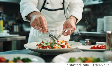 Close up of chef's hands carefully arranging a vibrant salad on a white plate in a professional kitchen, demonstrating precision and artistry in food presentation 126477483