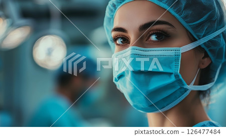 Portrait of a confident female surgeon in blue scrubs and surgical mask, standing in a high tech operating room, emphasizing professionalism in healthcare 126477484