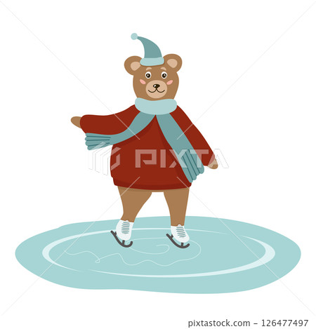 Cute brown bear is skating in a hat, scarf and sweater. Winter vector illustration for a greeting card Cute brown bear is skating in a hat, scarf and sweater. Winter vector illustration for a greeting card 126477497