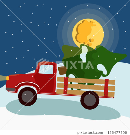 Red car truck with a Christmas tree in the back. Rides on a snowy road with the moon in the background. Vector illustration, postcard, banner, template for design. Red car truck with a Christmas tree in the back. Rides on a snowy road with the moon in the background. Vector illustration, postcard, banner, template for design. 126477506