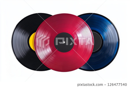 Vibrant collection of vinyl records in red, blue, and black, showcasing the diversity and aesthetic appeal of analog music formats 126477540