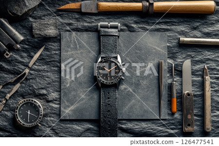 Elegant chronograph watch on leather bound notebook, surrounded by watchmaking tools and accessories, showcasing craftsmanship and precision Elegant chronograph watch on leather bound notebook, surrounded by watchmaking tools and accessories, showcasing craftsmanship and precision 126477541