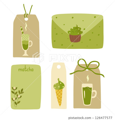 Tags, envelopes, a letter with elements of green tea from matcha powder. Cocktails and sweets, flowers. Vector illustration isolated. For decoration, design or printing 126477577