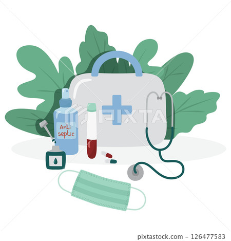 Medical vector illustration. First aid kit, stethoscope, antiseptic, test tube. Isolated. Medical vector illustration. First aid kit, stethoscope, antiseptic, test tube. Isolated. 126477583