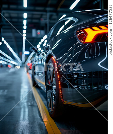 Person touching sleek black luxury sports car with glowing taillights in dimly lit showroom. 126477585