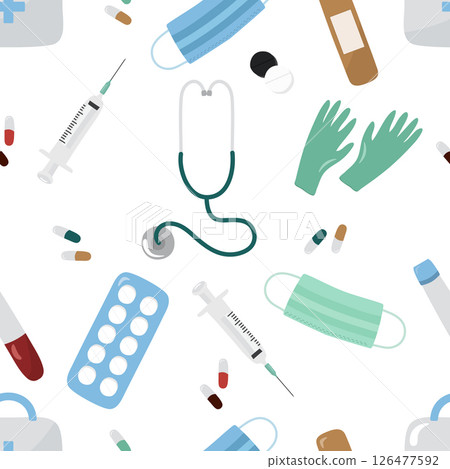 Seamless pattern with medical equipment and medicines. Stethoscope, syringe, mask, patch, pills, test tube. Vector illustration for printing on paper, fabric, packaging on a white background Seamless pattern with medical equipment and medicines. Stethoscope, syringe, mask, patch, pills, test tube. Vector illustration for printing on paper, fabric, packaging on a white background 126477592