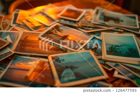An array of tropical vacation snapshots bathed in warm sunset light, showcasing beach scenes. 126477593