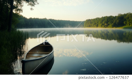 Calm lake at sunrise with a canoe in the foreground, surrounded by misty forests and reflecting the warm morning light 126477637