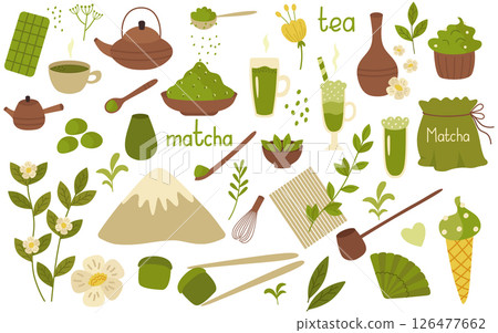 Matcha powder green tea set of elements. Teapot, cup, bamboo spoon, whisk, strainer, sweets and drinks. Vector illustration isolated. For postcard, design decor 126477662