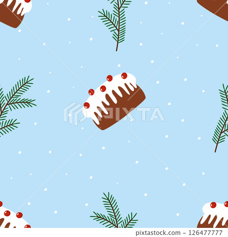 Cake with cherry berries, icing and spruce twigs. Seamless Christmas pattern. Vector winter illustration on a blue snowy background. For printing on paper, fabric, packaging, wallpaper Cake with cherry berries, icing and spruce twigs. Seamless Christmas pattern. Vector winter illustration on a blue snowy background. For printing on paper, fabric, packaging, wallpaper 126477777