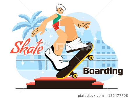 Skateboarding Vector Illustration featuring Skateboarders Jumping on a Springboard in a Skatepark, Extreme Sports Activities in a Flat Background Skateboarding Vector Illustration featuring Skateboarders Jumping on a Springboard in a Skatepark, Extreme Sports Activities in a Flat Background 126477798
