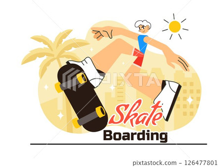 Skateboarding Vector Illustration featuring Skateboarders Jumping on a Springboard in a Skatepark, Extreme Sports Activities in a Flat Background Skateboarding Vector Illustration featuring Skateboarders Jumping on a Springboard in a Skatepark, Extreme Sports Activities in a Flat Background 126477801