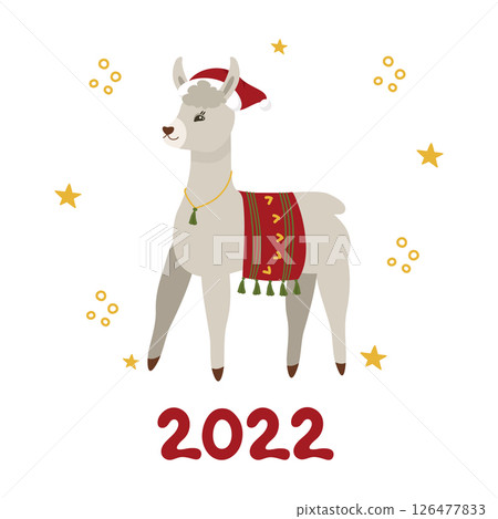 Christmas and New Year's card with a gray llama in a red cap, 2022. Vector clipart, isolated illustration 126477833