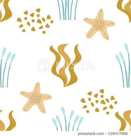 Starfish and brown and green algae. Seamless pattern on a white background. Marine collection. Vector illustration for printing on paper, fabric, textile packaging. Starfish and brown and green algae. Seamless pattern on a white background. Marine collection. Vector illustration for printing on paper, fabric, textile packaging. 126477906