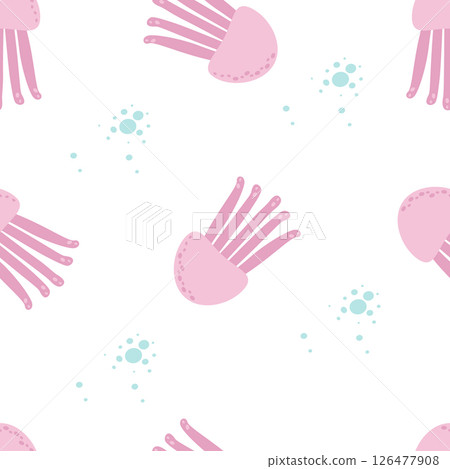 Pink jellyfish and blue water bubbles. Seamless pattern on a white background. Marine collection. Vector illustration for printing on paper, fabric, textile packaging. Pink jellyfish and blue water bubbles. Seamless pattern on a white background. Marine collection. Vector illustration for printing on paper, fabric, textile packaging. 126477908