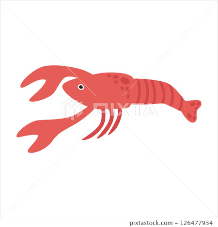 A river crab, a cute red color with claws and a tail, a marine inhabitant. Vector illustration isolated on a white background. A river crab, a cute red color with claws and a tail, a marine inhabitant. Vector illustration isolated on a white background. 126477934