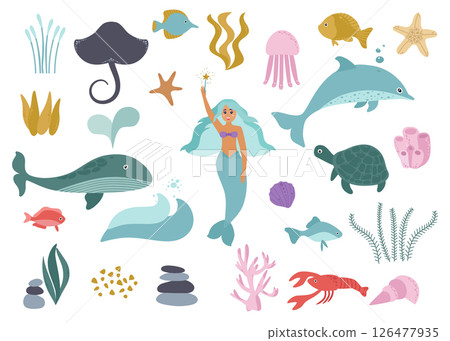 Marine collection. Underwater world of cute inhabitants, mermaid, dolphin, whale, turtle, jellyfish, corals, algae stones, sand, shells, starfish, stingray, crayfish. Vector illustration, isolated. Marine collection. Underwater world of cute inhabitants, mermaid, dolphin, whale, turtle, jellyfish, corals, algae stones, sand, shells, starfish, stingray, crayfish. Vector illustration, isolated. 126477935