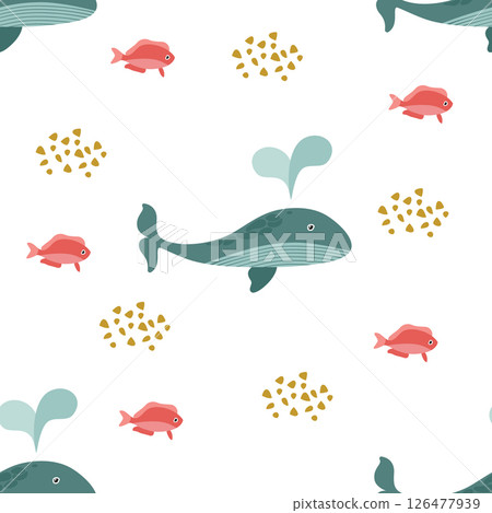 Blue whale, pink fish and sand. Seamless pattern on a white background. Marine collection. Vector illustration for printing on paper, fabric, textile packaging. Blue whale, pink fish and sand. Seamless pattern on a white background. Marine collection. Vector illustration for printing on paper, fabric, textile packaging. 126477939