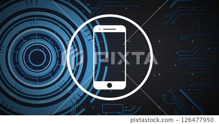 Smartphone icon and coding image over digital circuit background Smartphone icon and coding image over digital circuit background 126477950