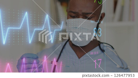 Image of data processing over afrcian american male doctor in face mask Image of data processing over afrcian american male doctor in face mask 126477953