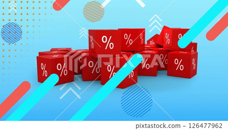 Image of colourful shapes over cubes with percentage symbol on blue background 126477962