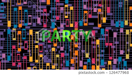 Image of party text over colourful shapes on black background 126477968
