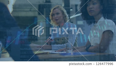 Image of data processing and diagrams over diverse business people at meeting 126477996