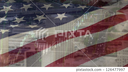 Image of data processing and diagrams over flag of usa and cityscape 126477997