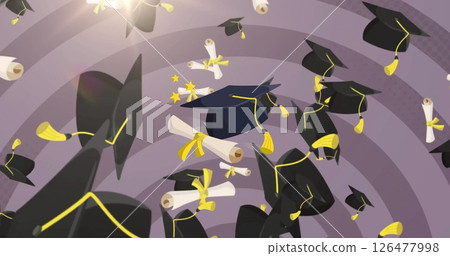 Image of graduation hats and diploma over gray circles 126477998