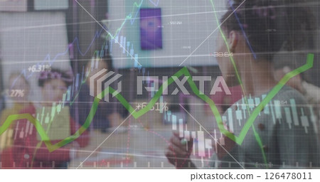 Image of financial data processing over diverse business people in office Image of financial data processing over diverse business people in office 126478011