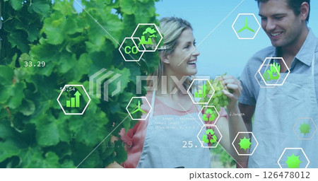 Image of network of eco icons over happy caucasian couple with grapes Image of network of eco icons over happy caucasian couple with grapes 126478012