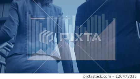 Image of financial data processing over diverse business people in office 126478033