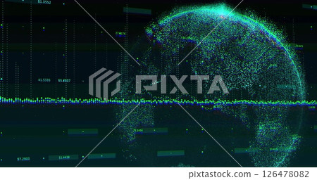 Image of financial data processing with globe on black background 126478082