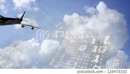 Image of binary coding digital data processing over plane and clouds 126478102