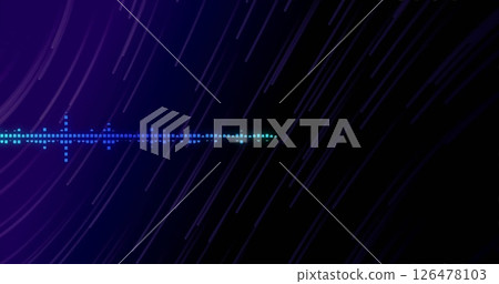Image of digital data processing over purple light trails on black backgorund 126478103