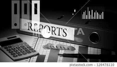 Image of financial data processing over money, calculator and files Image of financial data processing over money, calculator and files 126478110