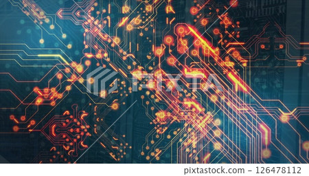 Image of digital data processing and circuit board over computer servers Image of digital data processing and circuit board over computer servers 126478112