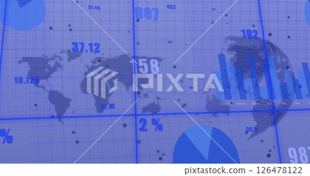 Image of financial data processing over world map and globe on white background 126478122