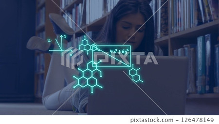 Image of mathematical equations over caucasian female student using laptop Image of mathematical equations over caucasian female student using laptop 126478149