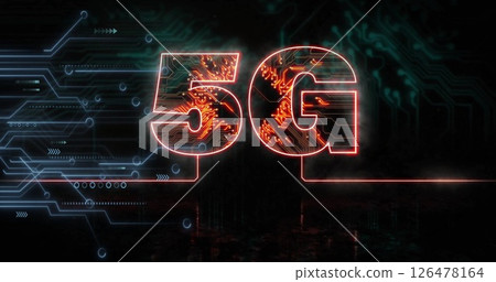 Image of 5g text, digital data processing and circuit board 126478164